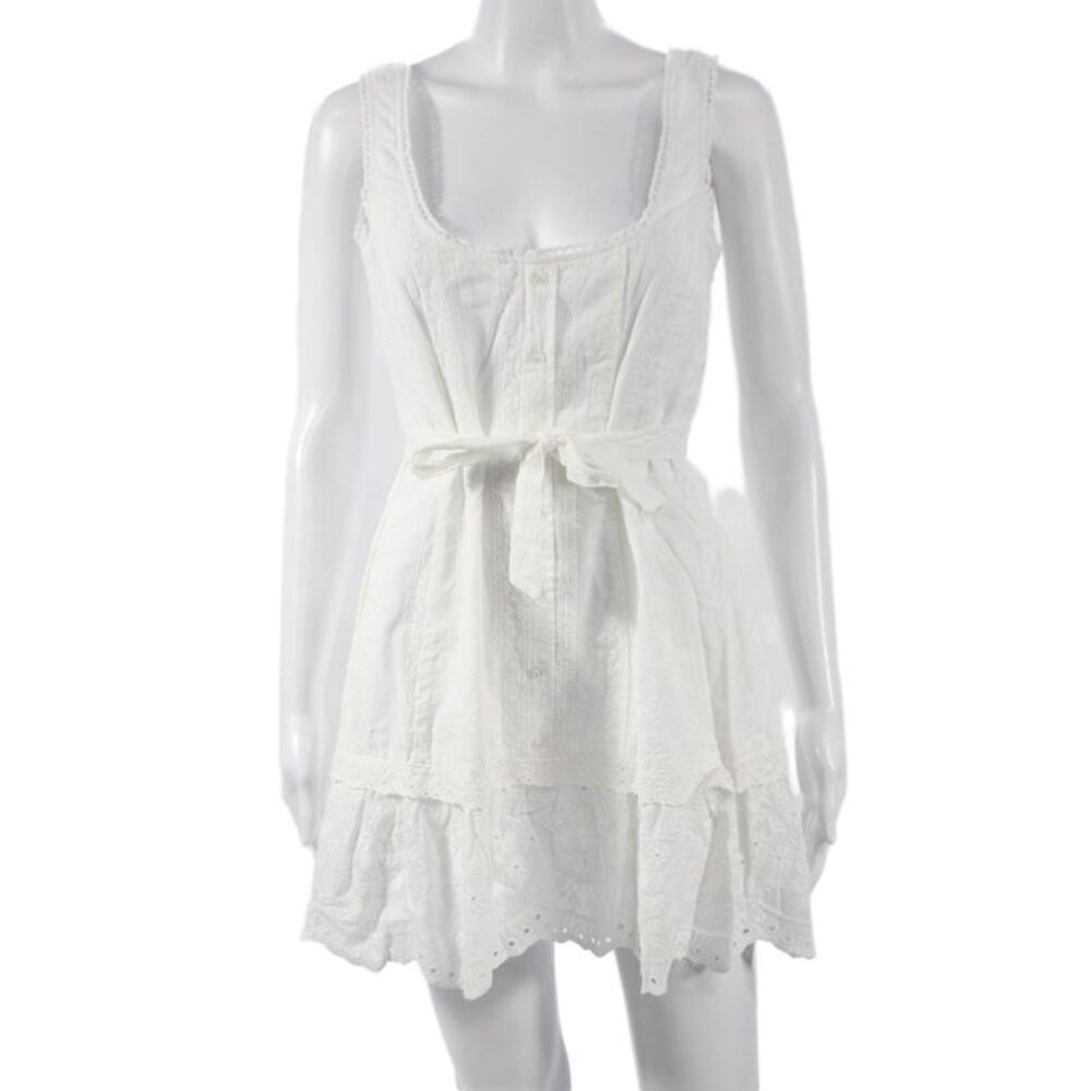 Guizio Women Mini Dress White Cotton Square Neck Sleeveless Button Size M